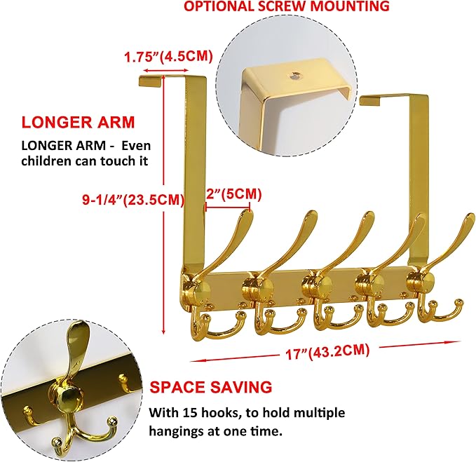 Dseap Over The Door Hook Hanger - Fits 1 3/8" to 1 3/4" Standard Doors | 5 Tri Hooks Heavy Duty Towel/Coat Rack | Door Organizer for Clothes, Jackets, Hats, Towels, Gold