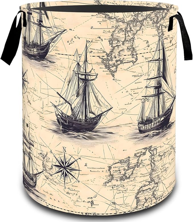 Vintage Nautical Ship Map Laundry Basket, Dirty Collapsible Clothes Toy Organizer Hamper for Kids Adults, Oxford Cloth Waterproof Storage Bin for Bedroom Bathroom Home Decor Gifts, 19.7"X15.7"