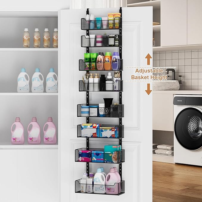 Over The Door Organizer, 8-tier Metal Door Organizer Hanging with Adjustable Baskets, Behind The Door Storage for Bedroom Closet Bathroom Pantry Cabinet Kitchen, Black