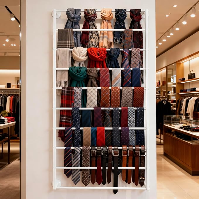10-Layer Wall Mounted Display Rack, Tie & Scarf Rack Belt Towel Holder Wrapping Paper Ribbon Organizer Scarves Belts Necktie Hijab Stand Metal Shelving for Home, Retail Stores, Flower Shop