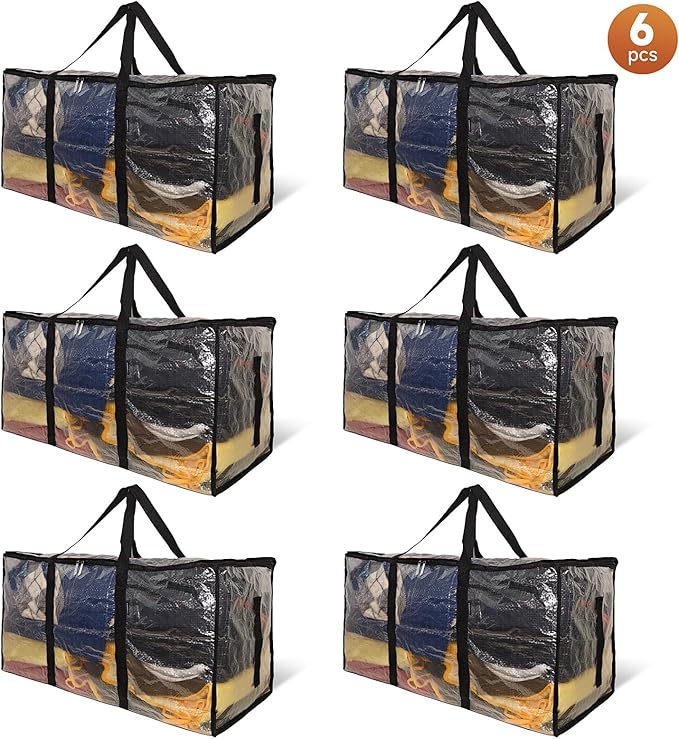 CONGREGATE 6 Pack Extra Large Moving Bags with Zippers and Carrying Handles, Heavy-Duty Storage Tote Moving Boxes for Space Saving, Semi-Transparent 97L/25.6Gal (28.7"x13.7"x15")