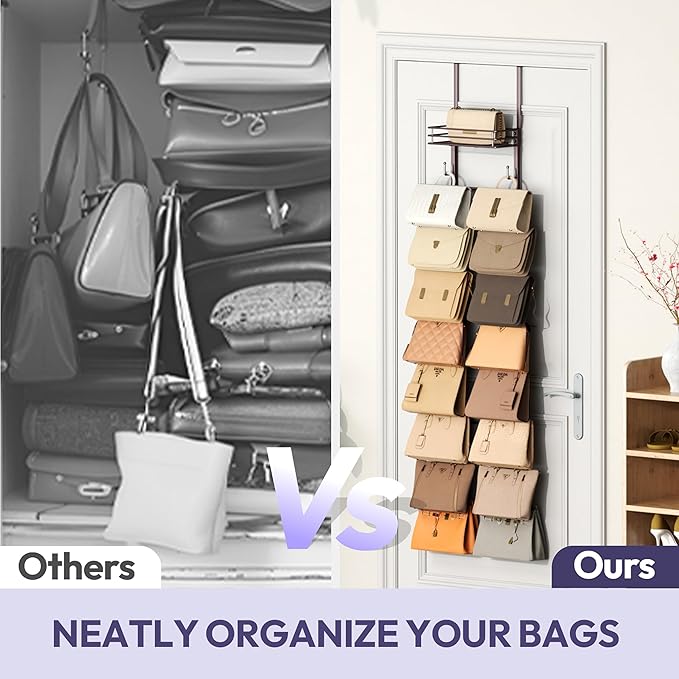 SWTYMIKI Over The Door Purse Organizer - Wall Mounted Handbag Organizer with 16 Hooks and Metal Basket, Hanging Purse Storage Rack Holds up to 16 Bags, Bag Rack Can Use As 1/2 Part, for Door, Closet