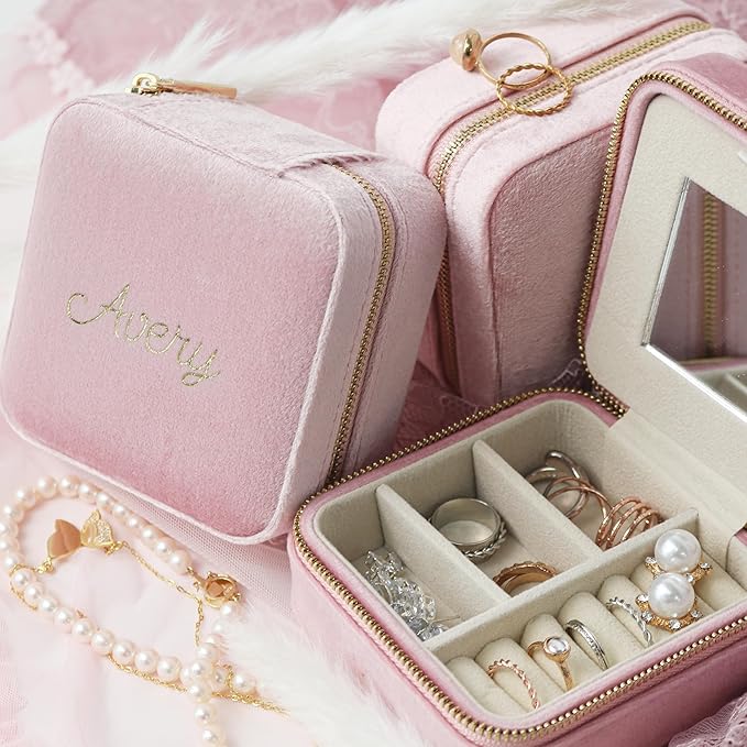 Customizable Compact Velvet Jewelry Box with Mirror, Travel Jewelry Case, Travel Jewelry Organizer, Jewelry Box for Women and Girls, Small Jewelry Organizer (Center Text, Powder Pink)