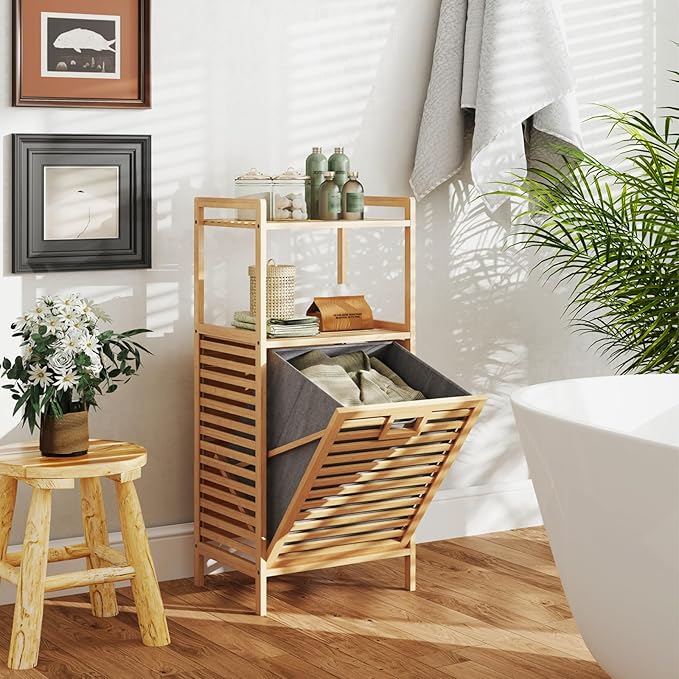 Giantex Tilt Out Laundry Hamper, Bamboo Laundry Storage Cabinet w/ 2-Tier Storage Shelves, Foldable & Removable Basket, Freestanding Laundry Basket Organizer for Bathroom Laundry Room Bedroom