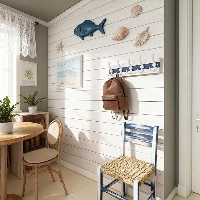 SKOLOO Coastal Wall Mounted Coat Rack - 16-7/8" Beach House Entryway Wooden Coat Hook with 5 Hooks for Hanging Coats, Hats or Towels, Oceanfront Cottage Core Collection, White & Blue, Pack of 2