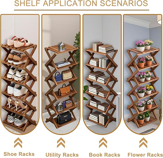Comeon Bamboo Shoe Rack, Foldable Vertical Shoe Rack for Front Door Entrance Narrow Shoe Organizer Small Shoe Shelf for Entryway Shoe Storage Closet Multi-Tier (Brown Colors,5 Layers)