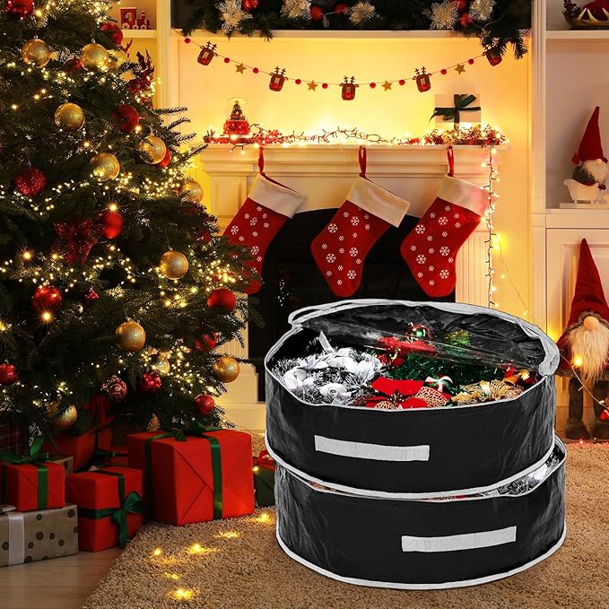 4 Pcs Christmas Wreath Storage Bag, Christmas Garland Storage Container with Clear Window, Zipper & Handle for Xmas Holiday Seasonal Wreath Garland Box(Black,36")