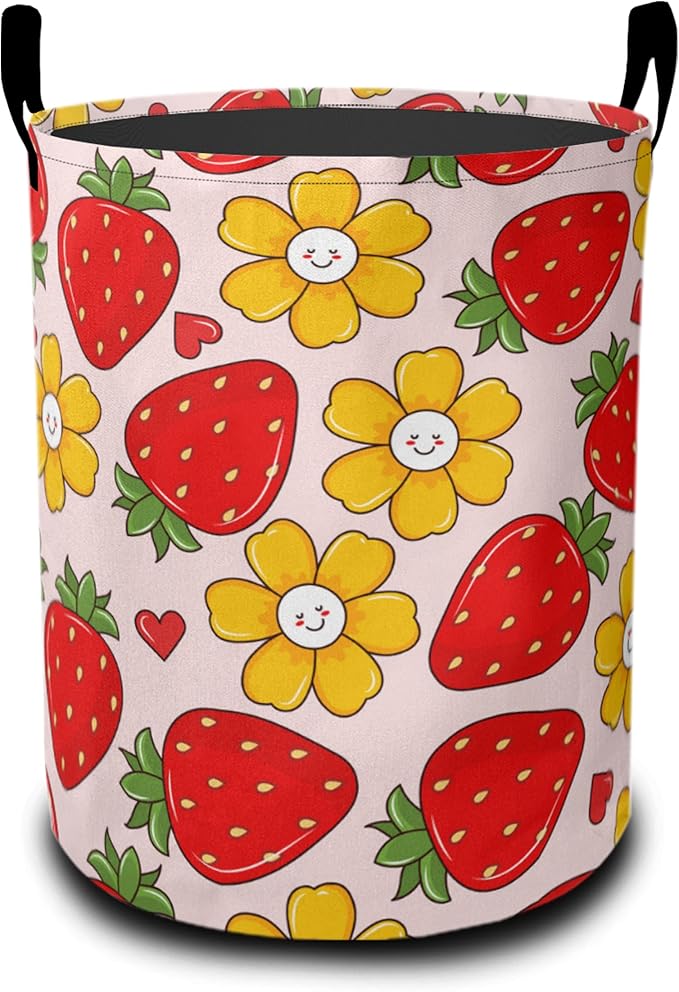 Groovy Strawberry Laundry Basket-Large Foldable Hamper Holder Portable Tall Collapsible Laundry Hamper Storage Basket Bin with Handles, Canvas & Waterproof lining for Household Items