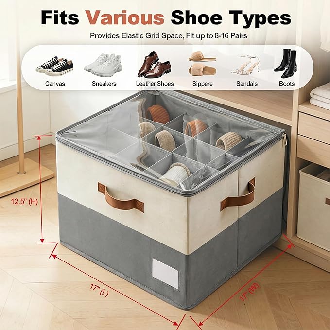 Shoe Organizer for Closet, Fabric Shoe Storage Boxes with Lids, Adjustable Dividers for 16 Pairs, Foldable Shoe Cubby with Label Window, Fits Tall Boots, Beige & Grey