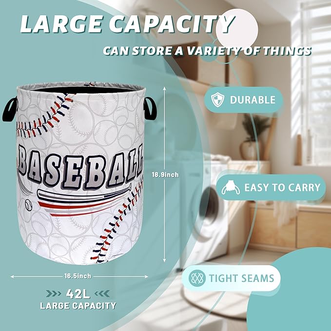 Baseball Laundry Hamper Foldable With Handles Balls Texture Tote Bag Universal Oxford Cloth Funny Laundry Basket Clothes Toy Storage Bucket 18.9" x 16.5" For Bathroom/Laundry/Bedroom