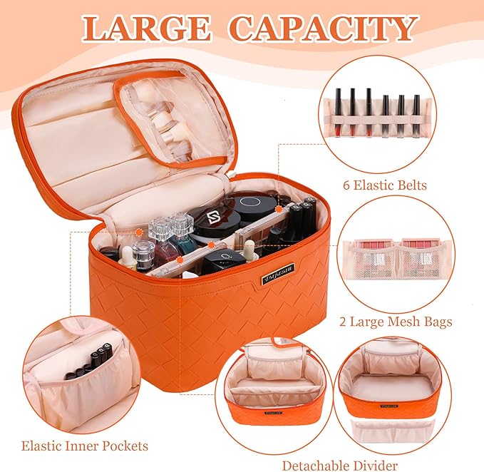 Dajasan Travel Makeup Bag, Travel Cosmetic Bag, Large Makeup Organizer Bag, Travel Toiletry Bag for Bottles, Brushes, Conditioner and Skin Care Products, 11.8 x 6.7 x 7.1 Inch (Orange)