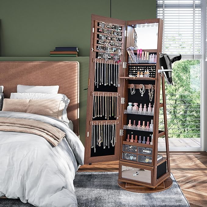 CHARMAID 360° Swivel Jewelry Cabinet Armoire 64.5" H, Full Length Mirror with Jewelry Storage, 6 LEDs Lockable Jewelry Organizer, Rear Storage Shelves, Large Drawer, Hairdryer Holder (Walnut)