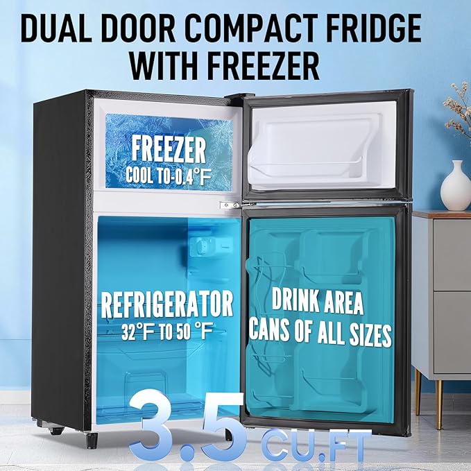 WANAI 3.5 CU.FT 2 Door Mini Fridge with Freezer Freestadning Small Refrigerator Features 7 Gear Mechanical Control, Side Bottle Rack, 2 Glass Removable Shelves, Crisper Drawer Black