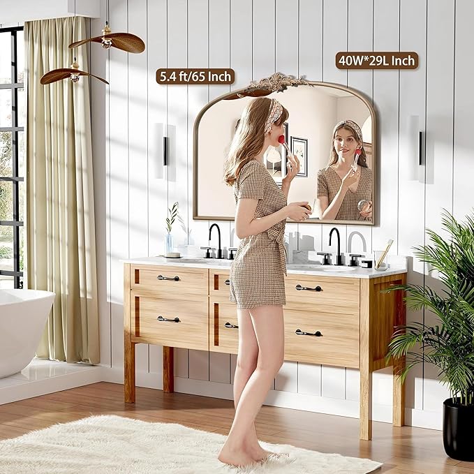 Besdomus Arched Vintage Gold Mirror: 40"x29" Large Champagne Gold Antique Wall Mounted Mirror - Baroque Traditional Ornate for Fireplace/Bathroom/Living Room - Home Decor for Fashion-Conscious