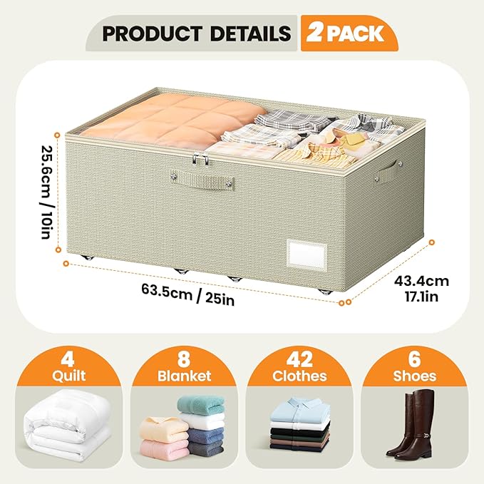 Underbed Storage with Wheels, 2 Pack Under Bed Storage Containers with Clear Lids, No Assembly Required 10.1 inch Rolling Under Bed Storage for Clothes, Beige