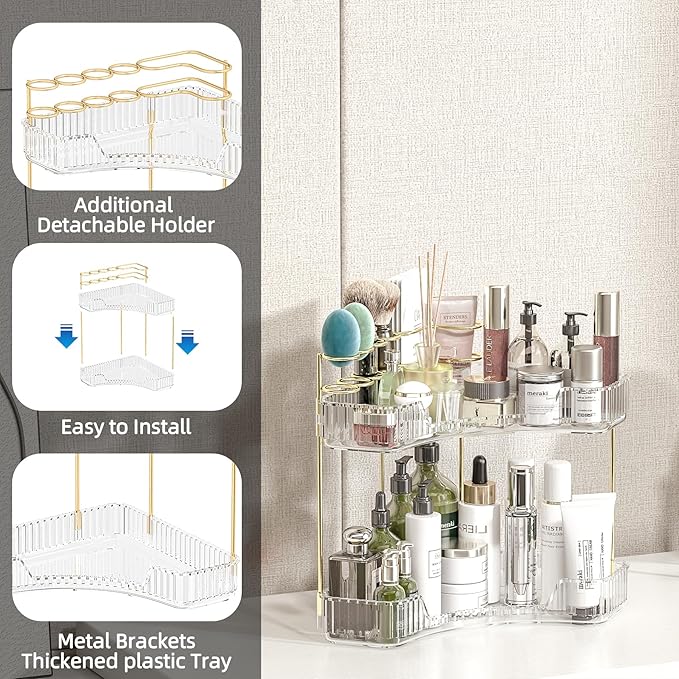 Makeup Organizer Countertop 2 Tier, Corner Bathroom Countertop Organizer with Toothbrush and Makeup Brush Holder, Corner Vanity Tray for Skincare Organization