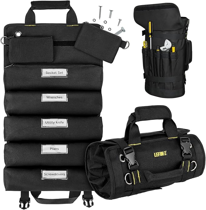 Tool Bag,Large Roll Up Tool Bag Organizer,13 Pockets Tool Roll Storage Pouch,Heavy Duty Portable Tool Storage Carrier Bag for Men,Mechanic,Electrician & Hobbyist,Black