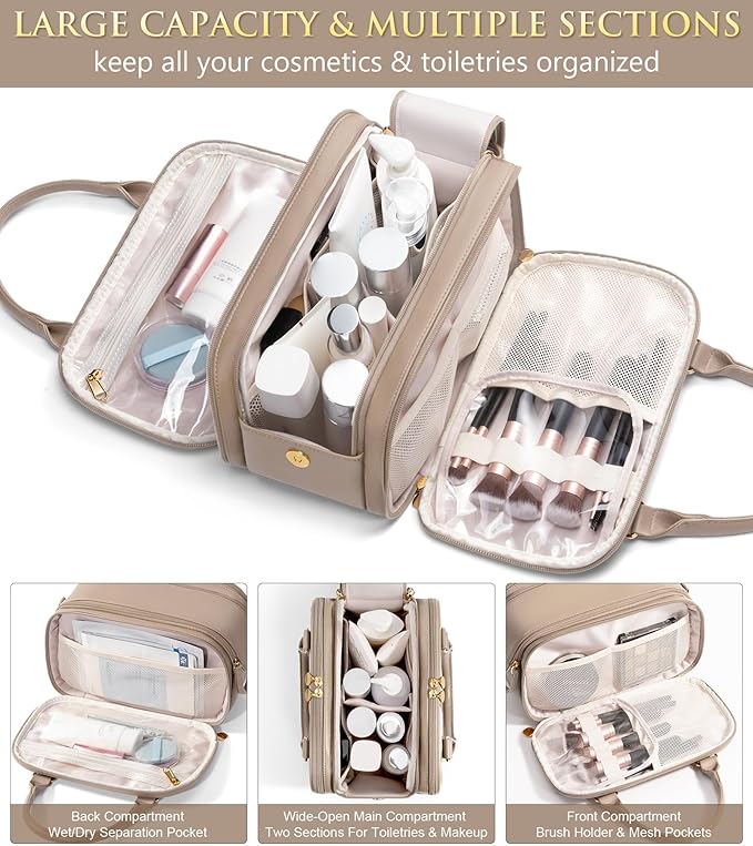 Travel Makeup Bag, Large Capacity Quilted Toiletry Bag for Women Stand-up Cosmetic Bag Open Flat Make Up Case Organizer Portable Pouch Purse w/Handle for Traveling Accessories, Camel