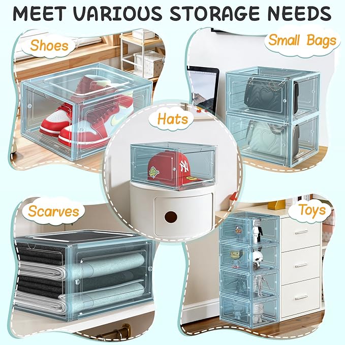 6 Pack Hat Organizer Box, Stackable Clear Baseball Caps Holder Box Containers with Magnetic Door for Hats Snapback Cap Storag, Hat Rack Display Case, Holds 8 Hats Each (Blue)