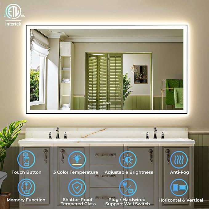 66x40 Inch LED Bathroom Mirror with Lights (Front Lit and Backlit) Black Framed Lighted Vanity Mirror for Bathroom Wall Dimmable Anti-Fog Memory Tempered Glass Horizontal/Vertical
