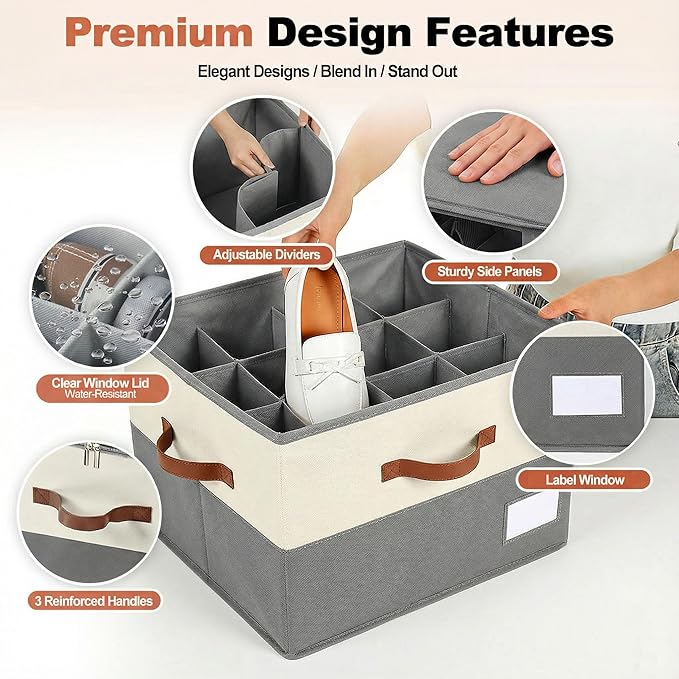 Shoe Organizer for Closet, Fabric Shoe Storage Boxes with Lids, Adjustable Dividers for 16 Pairs, Foldable Shoe Cubby with Label Window, Fits Tall Boots, Beige & Grey