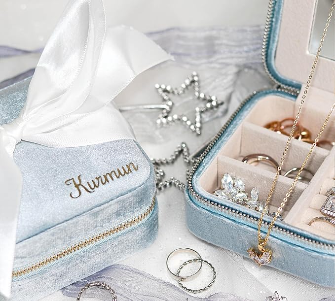 Customizable Compact Velvet Jewelry Box with Mirror, Travel Jewelry Case, Travel Jewelry Organizer, Jewelry Box for Women and Girls, Small Jewelry Organizer (Bottom Right Text, Powder Blue)