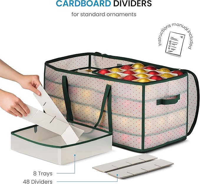 ZOBER Christmas Ornament Storage Box Plastic - Stores 128 3" Ornaments with Individual Trays - Ornament Organizer Storage Box, Durable Christmas Containers Holder - Green