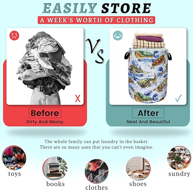Sea Turtles Laundry Basket With Handles Oxford Cloth Tote Bag Colorful Turtle Laundry Hamper 18.9"x16.5 "Foldable Clothe Storage Bucket Toy Organizer For Bathroom/Laundry/Bedroom
