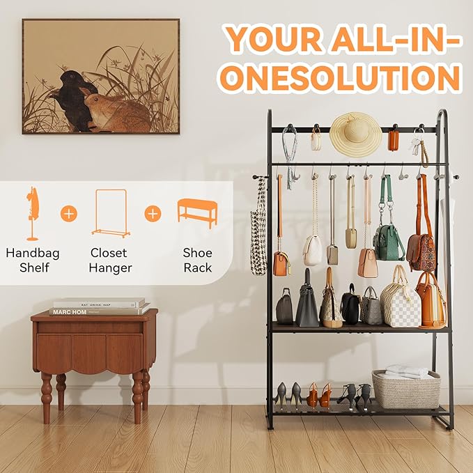 KAFAHOM Purse Organizer for Closet, Purse Rack - Tall Purse Shelf with 8 Hooks & 10 Removable Hangers to Hold Handbags, Backpacks, Pocketbooks., Perfect Purse Display Stand & Storage Tree,Black