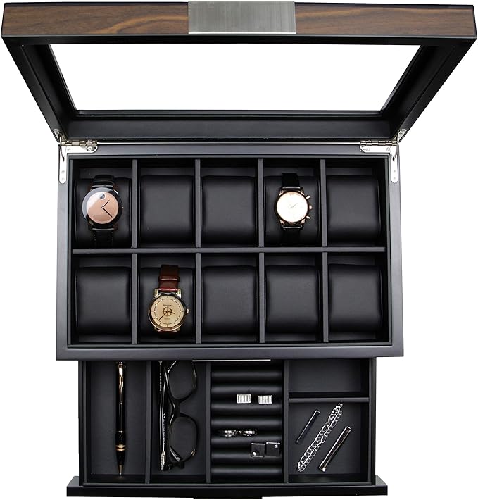 Executive Wooden Watch Box Valet Box Sunglasses and Jewelry Box Storage Organizer (Sweetheart) (Brown)