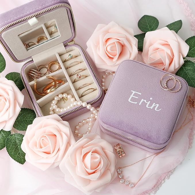 Customizable Compact Velvet Jewelry Box with Mirror, Travel Jewelry Case, Travel Jewelry Organizer, Jewelry Box for Women and Girls, Small Jewelry Organizer (Center Text, Lavender Pink)