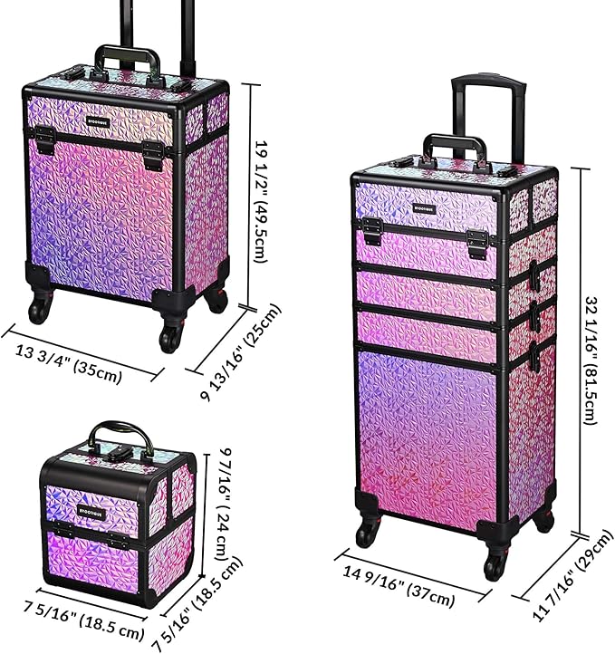 BYOOTIQUE Rolling Cosmetology Case on Wheels 3-Piece Lockable Makeup Organizer Kit Nail Tech Storage Cart Hair Tool Travel Bag for Lash Artist Nail Slon Beauty Hairstylist,Mermaid Pink