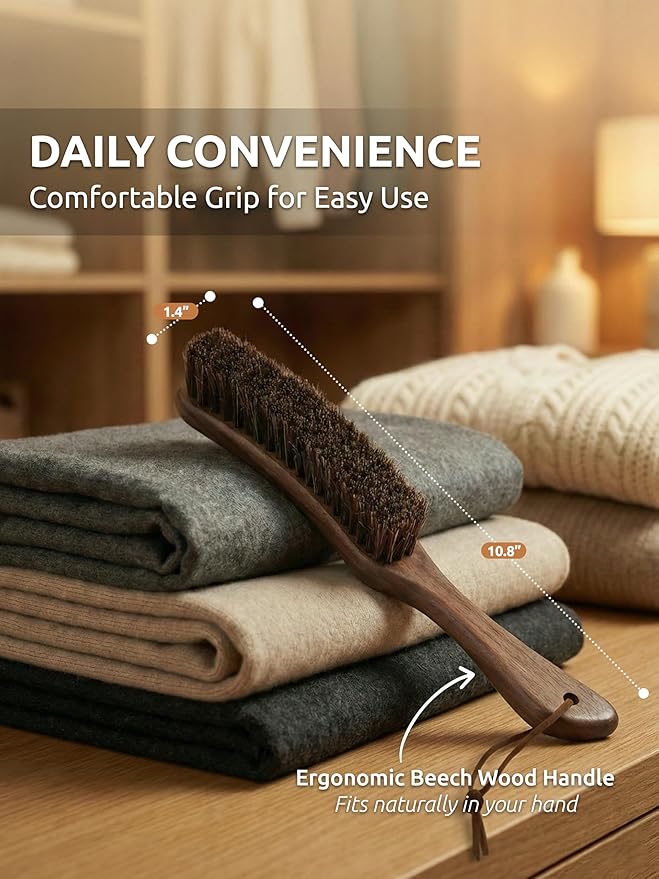 Lint Brush for Clothes with 100% Soft Horse Hair Bristle, Large Walnut Wood Handle, Lint Remover for Hat, Pet Hair, Suits, Cashmere, Wool, Velvet, Suede, Shoe