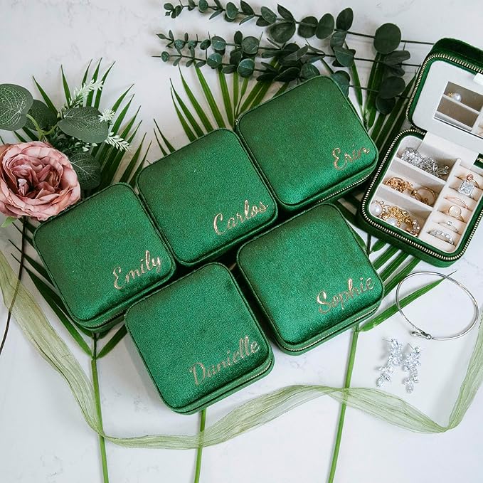 Customizable Compact Velvet Jewelry Box with Mirror, Travel Jewelry Case, Travel Jewelry Organizer, Jewelry Box for Women and Girls, Small Jewelry Organizer (Bottom Right Text, Emerald Green)