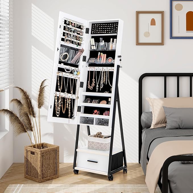 CHARMAID Rolling Jewelry Cabinet with Full Length Mirror, Lockable Standing Jewelry Armoire with Wheels, Steel Legs, Lipstick Brush Storage, Jewelry Organizer Box with Drawers (White)