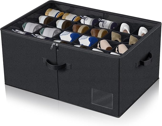 24 Pair Shoe Storage Box, Foldable Closet Shoe Organizer with Adjustable Dividers & Clear Cover, Space-Saving Shoe Containers for Home