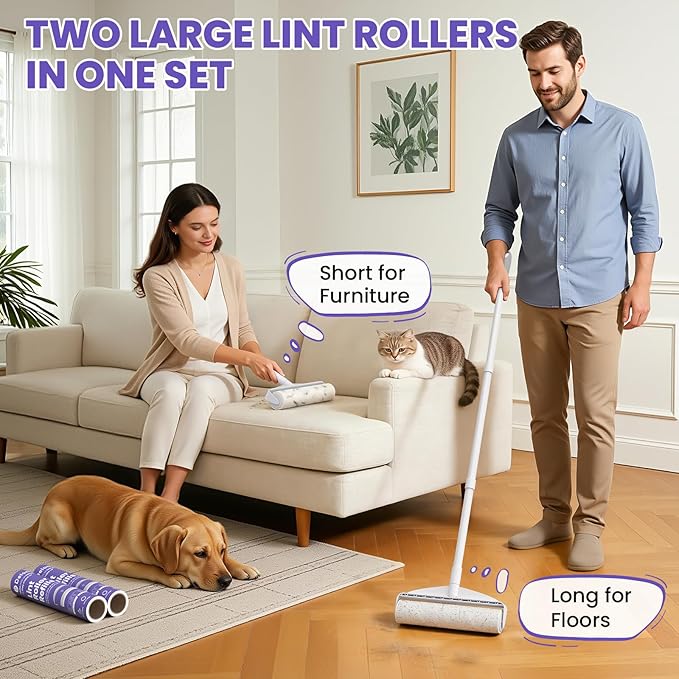 DELOMO Two Large Lint Roller Set for Pet Hair: 9.45” Extra-Wide Sticky Rollers - Long Handle for Floors & Carpets and Short Handle for Couches & Furniture - 360 Sheets Total - for Multi-Pet Homes