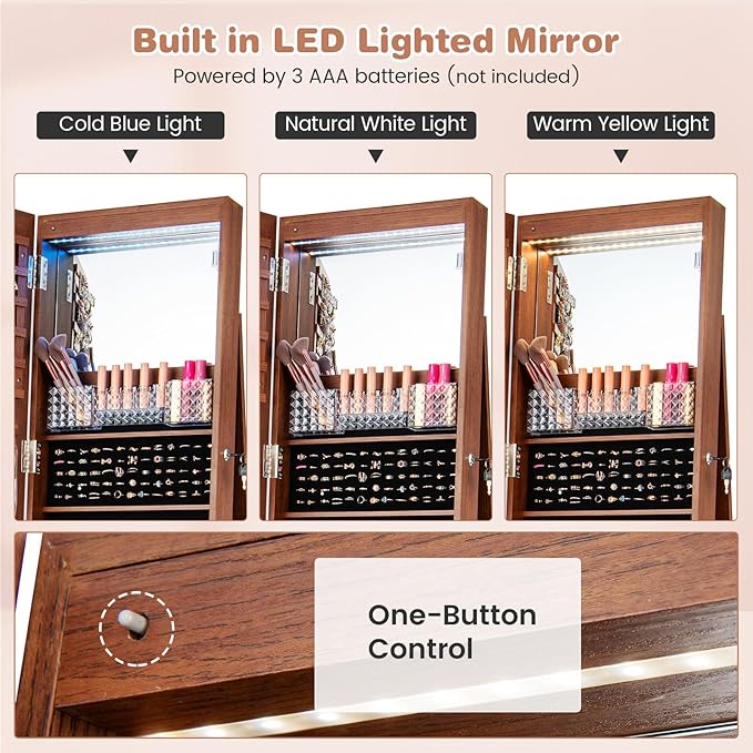 CHARMAID Jewelry Cabinet Armoire with Wheels, 64" H Full Length Mirror, 3-Color LED Lights, Height Adjustable Shelves, Lockable Standing Jewelry Organizer with Back Storage Shelves (Walnut)