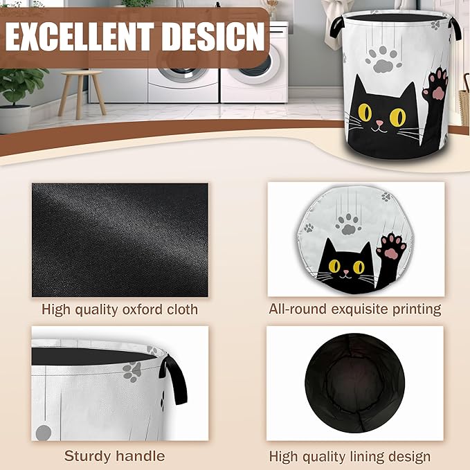 Black Cats Laundry Hamper,Collapsible Laundry Baskets Waterproof Oxford Cloth With Handles,Clothes Storage Bucket Toy Organizer For Bathroom/Nursery/Bedroom 16" x 20.8"