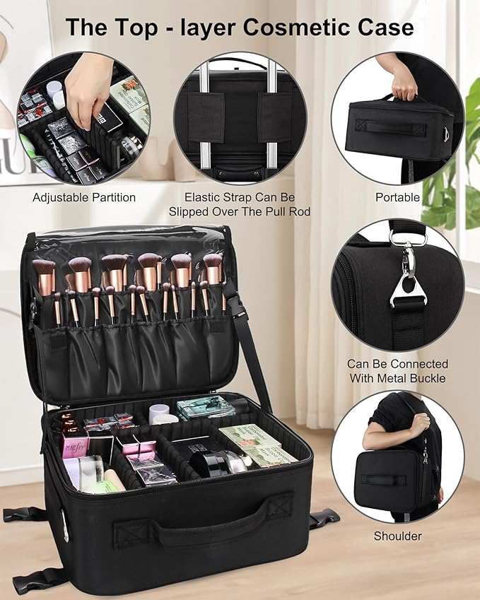 Relavel Rolling Makeup Case Professional Makeup Train Case, Makeup Brush Bag Makeup Artist Travel Bag with Wheels, 4-in-1 Portable Travel Beauty Trolley Case for Cosmetology Storage(Black)