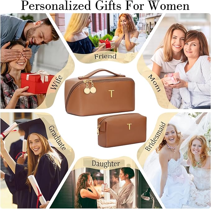 Valentine's Day Gifts for Women Teen Girl, Personalized Initial Makeup Organizer Bag Set, Open Flat Travel Cosmetic Bag With Clear Divider and Handle(Brown,T)