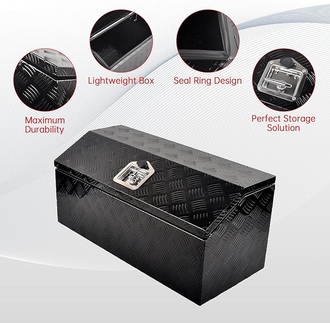 30'' Inch Aluminum Trailer Tongue Tool Box Truck Bed Toolbox Underbody Storage Organizer Waterproof Square Storage Organizer with Lock and Keys Black(‎30" L x 13.2" W x 13.5" H)