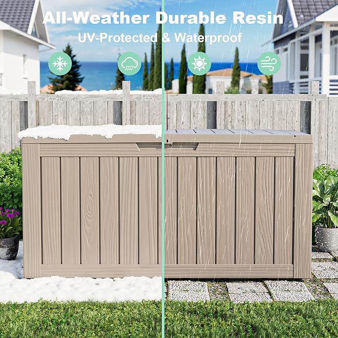 120 GallonOutdoor Storage Box,Resin Deck Boxes Waterproof, IndoorOutdoor Bin for Package Delivery, Patio Cushions, Gardening Tools, Lockable, UV Resistant