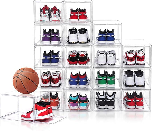 12 Pack Shoe Boxes, Acrylic Clear Shoe Boxes,360°Clear Plastic Stackable Shoe Display Box, Larger Shoe Storage Boxes, Shoe Containers, fit up to Us size 14