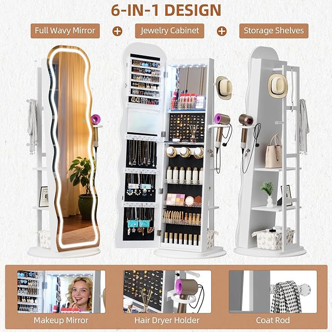 Vlsrka LED Mirror Jewelry Cabinet Standing, 360° Swivel Jewelry Aromire Organizer with Wavy Mirror, Lockable Jewelry Mirror with Storage, Jewelry Cabinet, Interior Mirror, Flodable Shelf, White