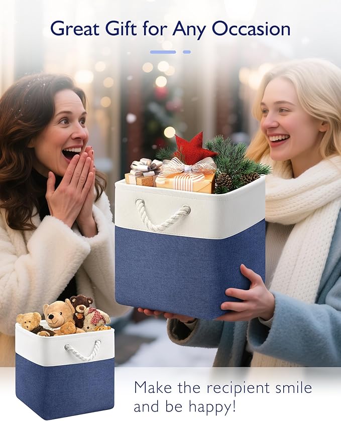 11 Inch Storage Cubes 4-Pack, Foldable Fabric Organizer Bins with Rope Handles, Cube Storage Baskets for Closet Shelves and Home Organization(White/Blue)