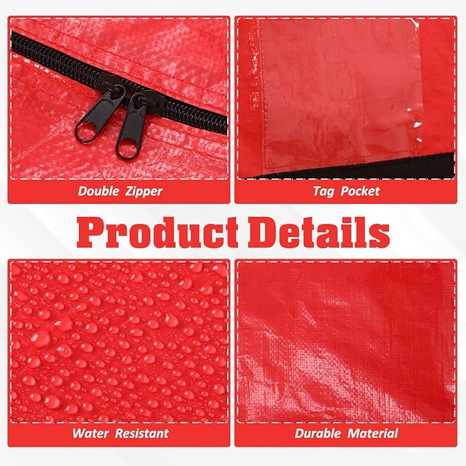 4 Pcs 149 Gallon Large Moving Bags with Zipper and Handles Christmas Tree Bags Foldable Heavy Duty XXL Totes for Christmas 4, 5, 7.5, 9, 10, 12 ft Tree Skeleton Blankets Storage (Red)