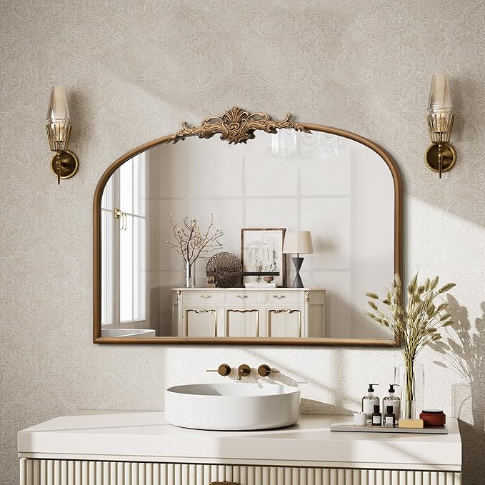 Besdomus Vintage Arched Gold Mirror: 32"x24" Large Gold Vintage Wall Mounted Mirror - Baroque Traditional Ornate for Bedroom/Fireplace/Bathroom/Hallway - Wall Decor for Fashion-Conscious