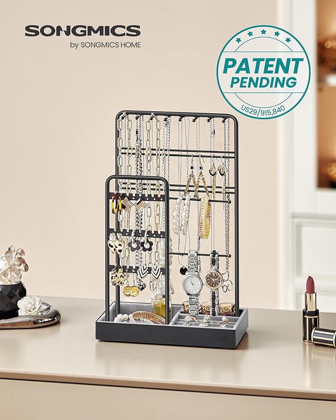 SONGMICS Jewelry Holder, Jewelry Organizer, Jewelry Display Stand with Metal Frame, Velvet Tray, Necklace Earring Bracelet Holder, for Studs, Rings, Gift Idea, Ink Black UJJS021B01