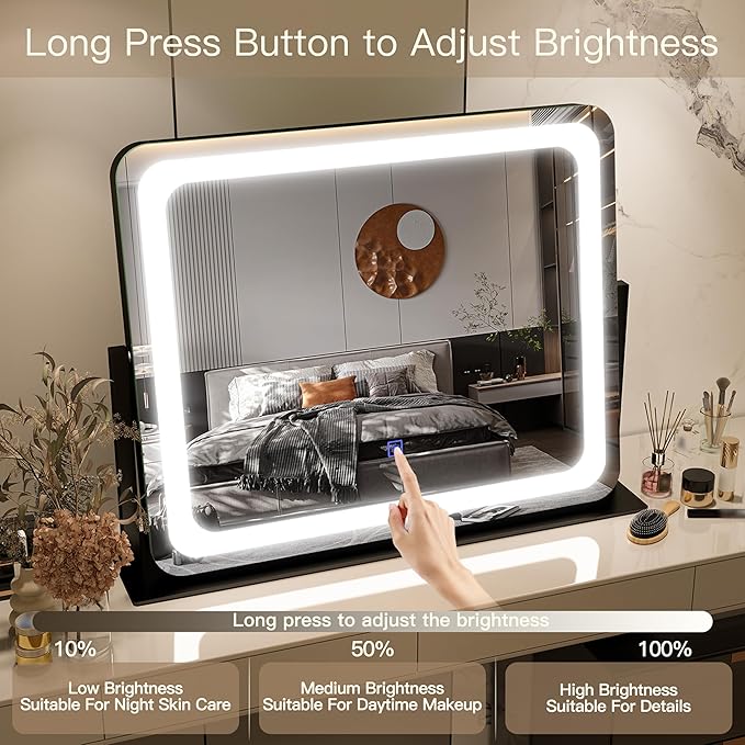 FENNIO Vanity Mirror with Lights 22"x17",LED Lighted Makeup Mirror,Large Makeup Mirror with Lights,Touch Screen with 3-Color Lighting,Led Mirror Makeup,Dimmable,for Vanity Desk Tabletop,Bedroom